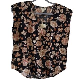 A.N.A. BRAND WOMEN'S BLACK AND BROWN FLORAL V-NECK SUMMER SLEEVELESS TOP SIZE XS